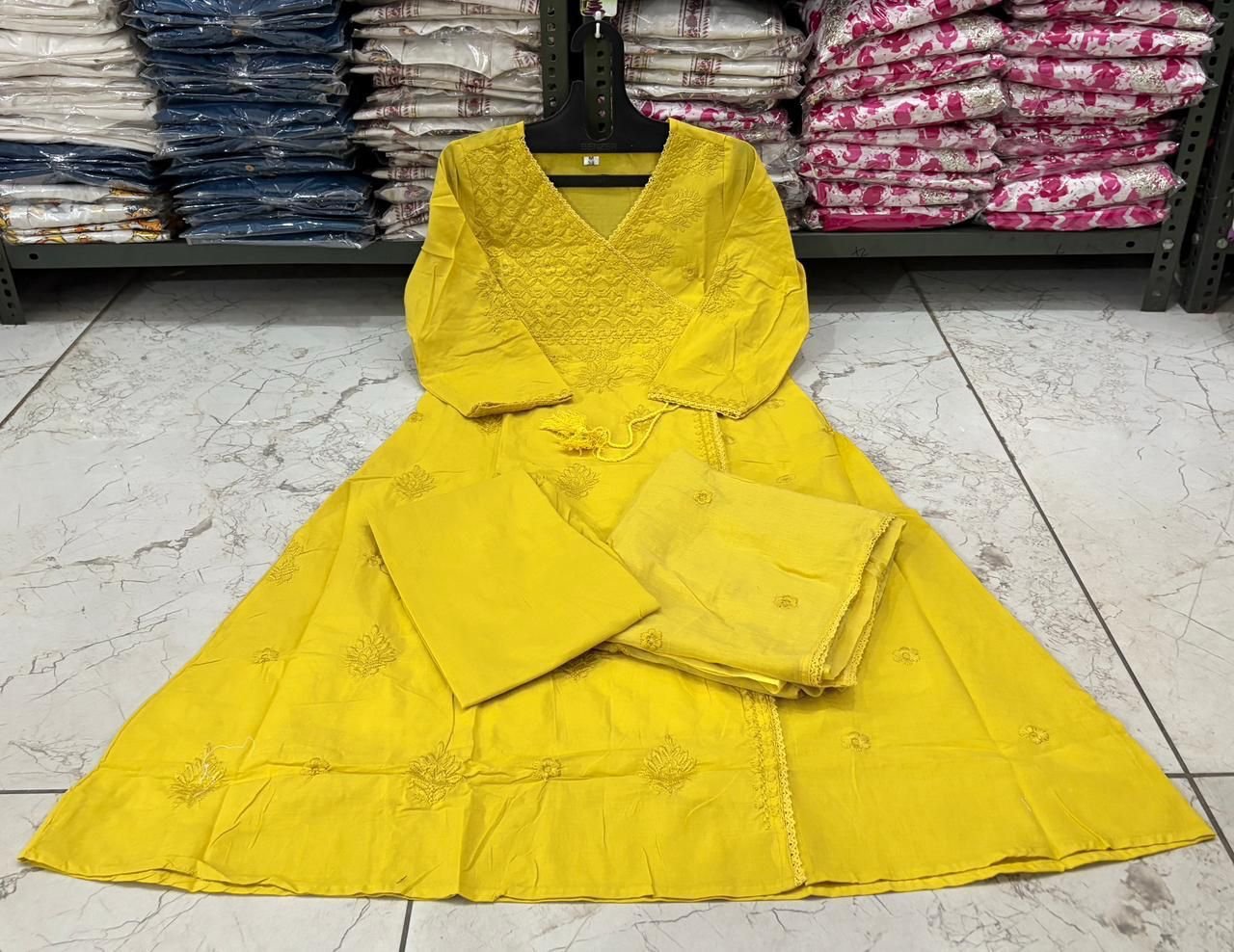 Yellow Cotton Chikankari Angrakha Set